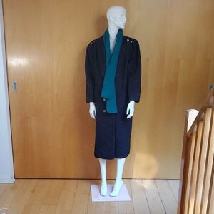 Stylish Women's Black Trench Coat with Teal Scarf